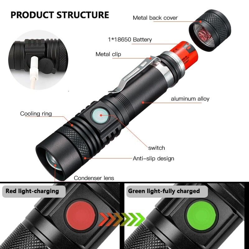 Rechargeable Super LED Zoomable Tactical Flashlight 